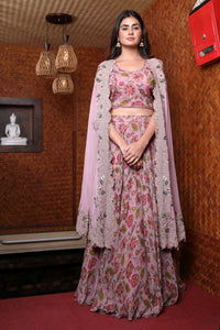 Floral Printed Lehenga With A  Zardosi Work Cape