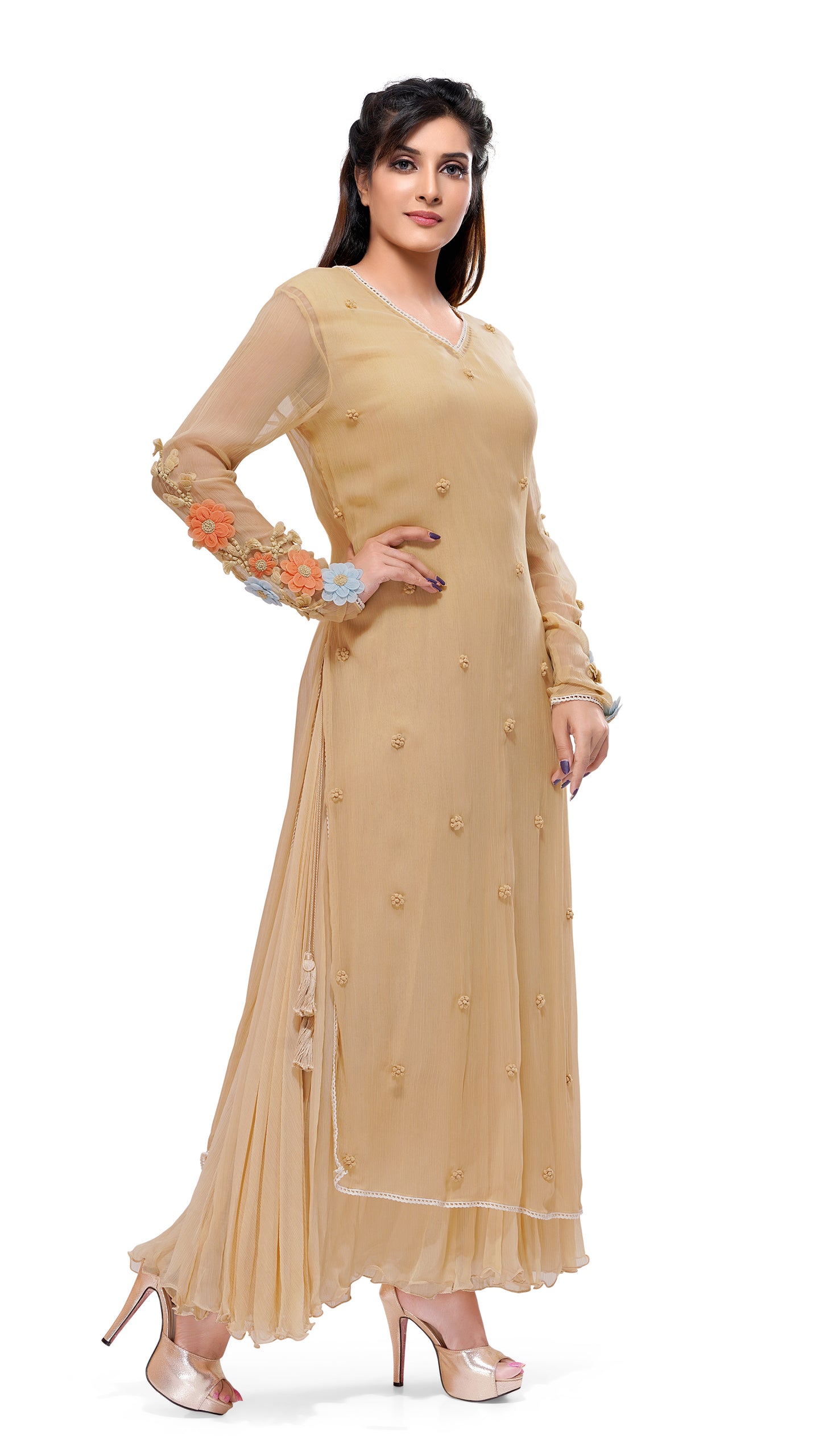 Beige 3D Floral Kurta