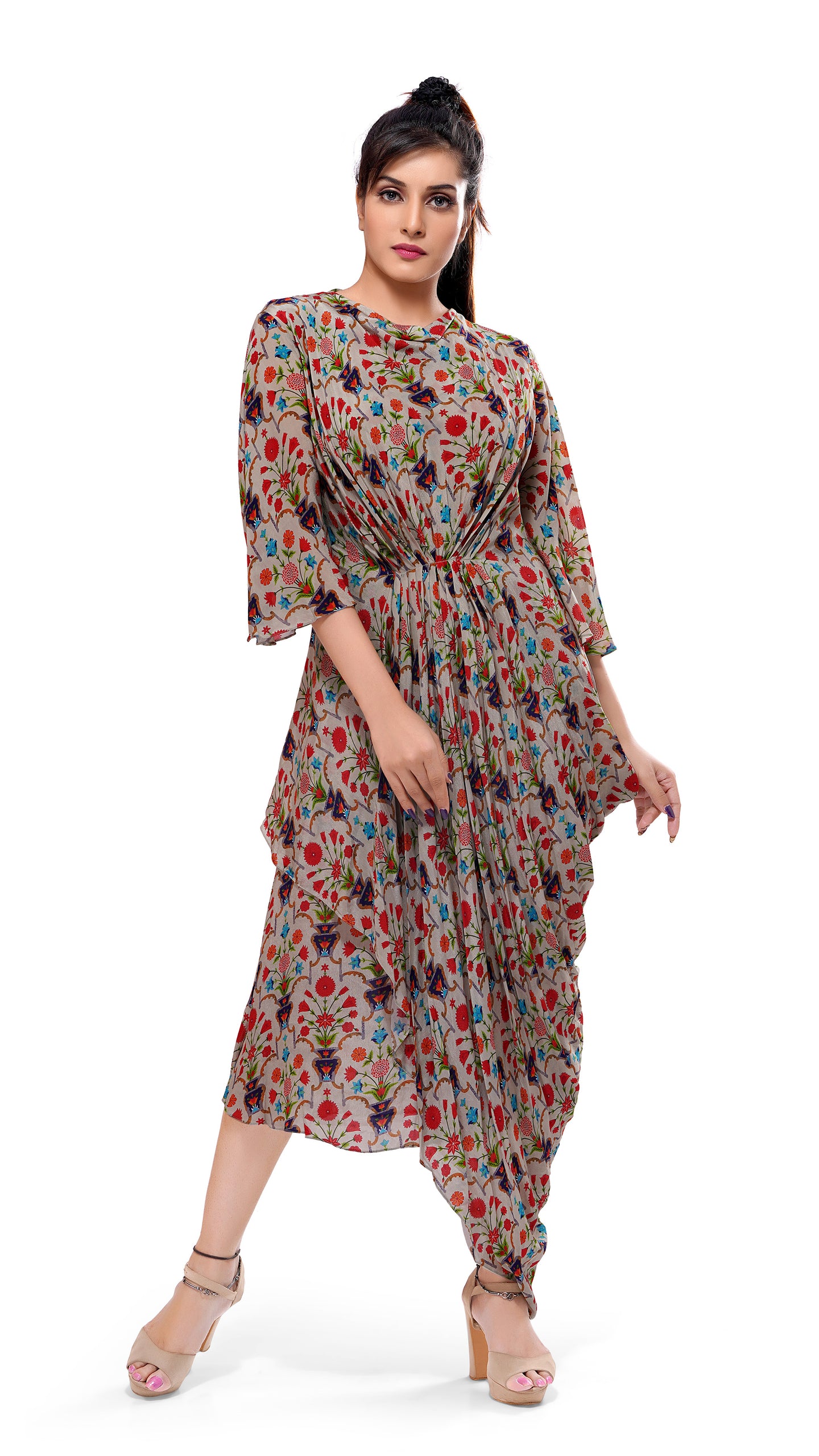 Floral Asymmetric Drape Dress