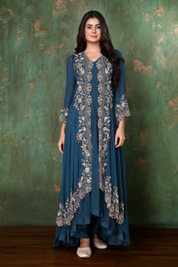 A-line Asymmetrical Evening Ethnic  Dress With Bell Sleeves Jacket And Straight Pants