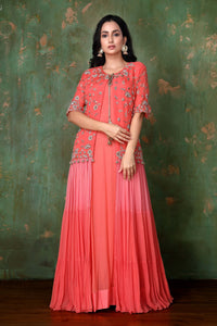 Long Ethnic Gown With Hand-weaved Zardosi Work On Ombre Jacket