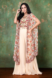 Embroidered Crop Top With Floral Cutwork Kaftan (Jacket) And Palazzo