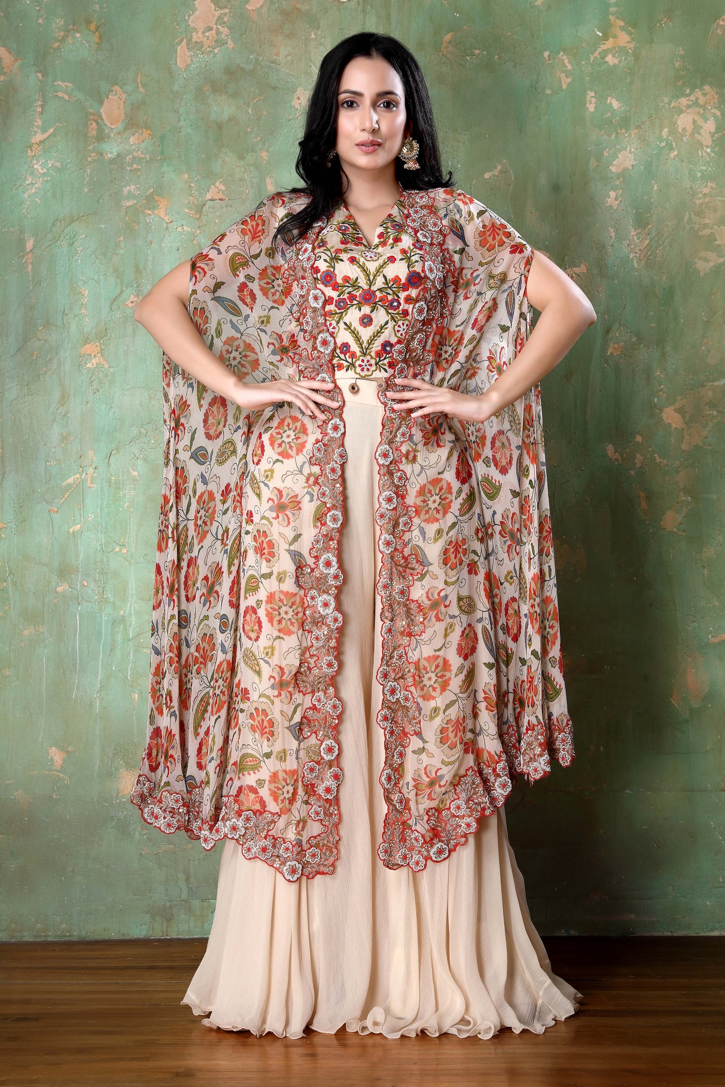 Embroidered Crop Top With Floral Cutwork Kaftan (Jacket) And Palazzo