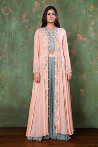 Crop Waistcoat With Long Jacket With Pearl Embedded Handmade Zardosi Work With Flary Palazzo