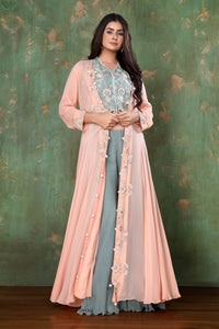 Crop Waistcoat With Long Jacket With Pearl Embedded Handmade Zardosi Work With Flary Palazzo