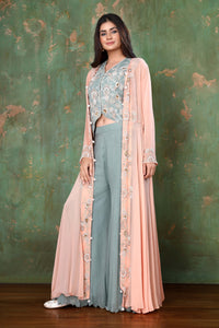 Crop Waistcoat With Long Jacket With Pearl Embedded Handmade Zardosi Work With Flary Palazzo