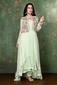 Long Fusion Set With Handmade Layered Zardosi Work Jacket And Straight Pants