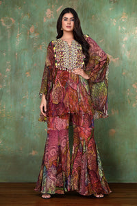 Printed Tunic With Heavy Thread Work Neckline And Printed Palazzo