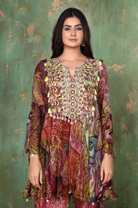 Printed Tunic With Heavy Thread Work Neckline And Printed Palazzo