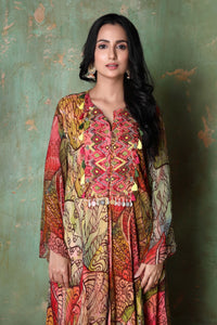 Asymmetric Patterned  Co-ord Set Of Bell Sleeves, Long Top, And Sharara