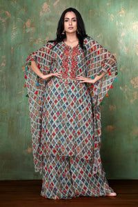 Asymmetric Digital Print Diamond Pattern Kaftan With Heavy Neckline Embroidery With Palazzo