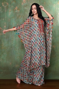 Asymmetric Digital Print Diamond Pattern Kaftan With Heavy Neckline Embroidery With Palazzo