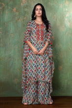 Load image into Gallery viewer, Asymmetric Digital Print Diamond Pattern Kaftan With Heavy Neckline Embroidery With Palazzo
