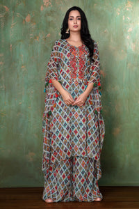 Asymmetric Digital Print Diamond Pattern Kaftan With Heavy Neckline Embroidery With Palazzo