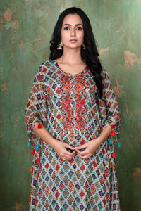 Asymmetric Digital Print Diamond Pattern Kaftan With Heavy Neckline Embroidery With Palazzo