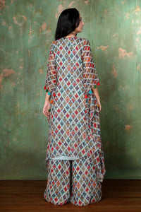 Asymmetric Digital Print Diamond Pattern Kaftan With Heavy Neckline Embroidery With Palazzo