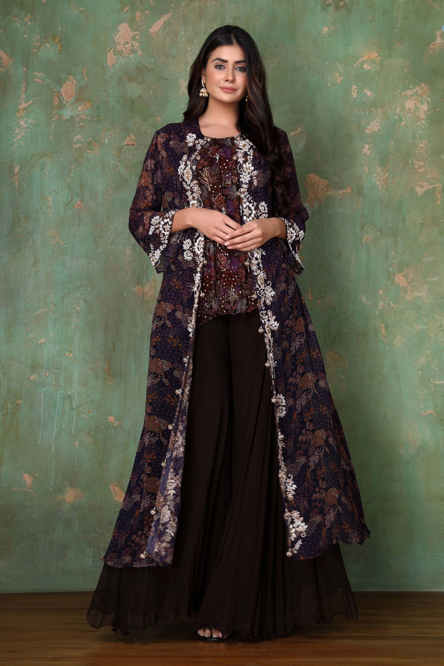 Printed Sequins Top And Handwork Zardosi Jacket With Flary Palazzo