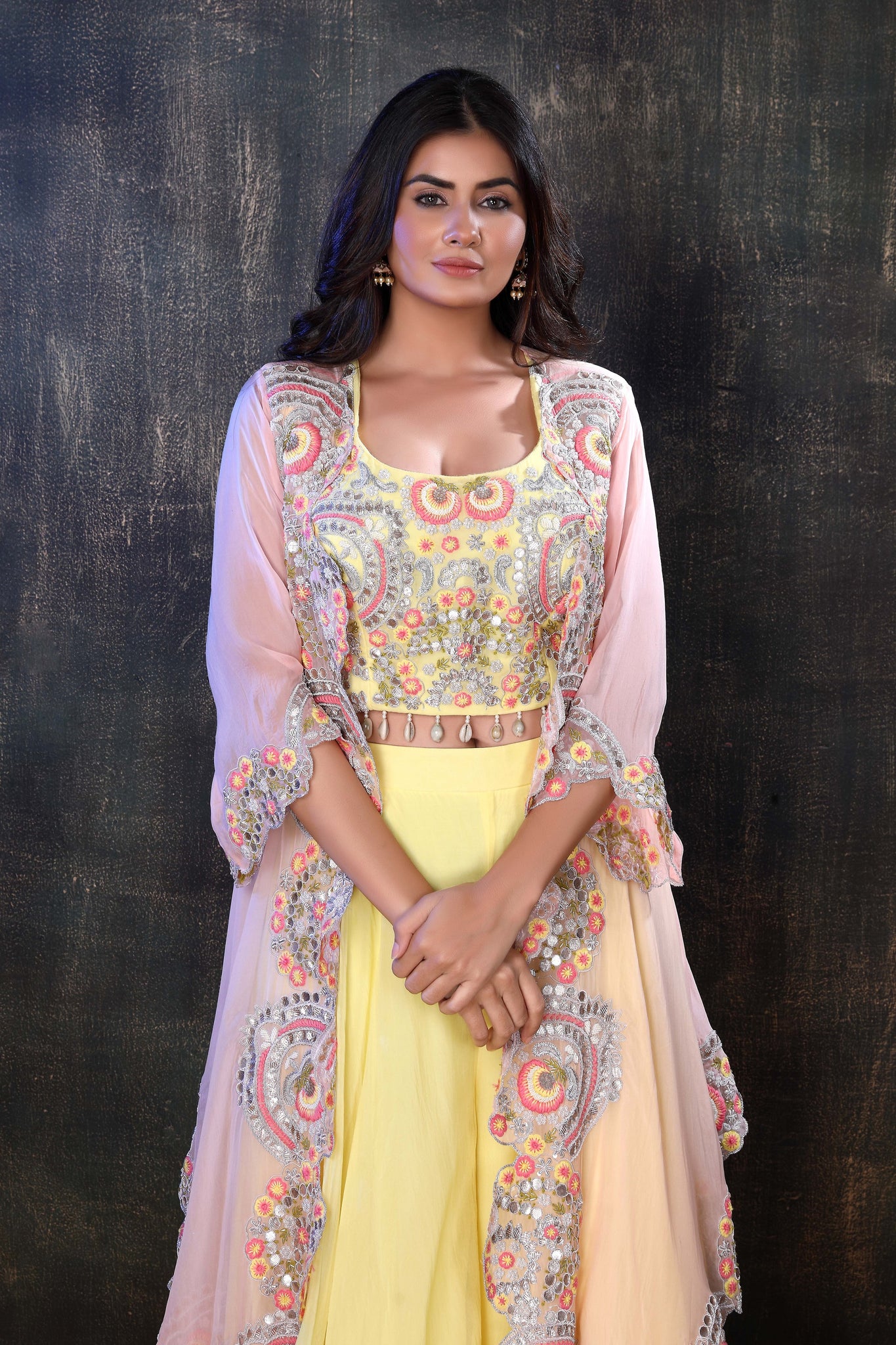 Yellow Jacket Style Suit With Dupatta 3886SL09