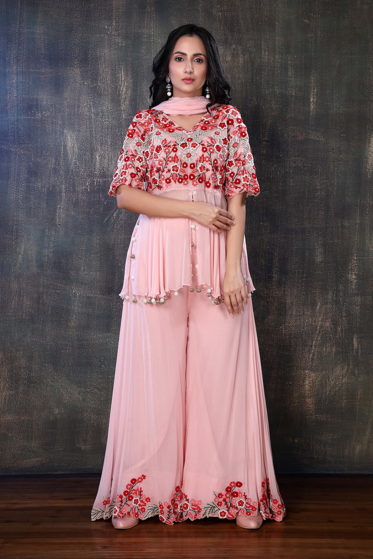 Peplum Top With Heavy Embroideries On The Upper Torso , Dupatta And Palazzo