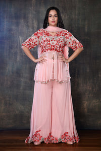 Peplum Top With Heavy Embroideries On The Upper Torso , Dupatta And Palazzo