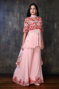 Peplum Top With Heavy Embroideries On The Upper Torso , Dupatta And Palazzo