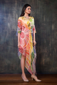 Multicolor Asymmetrical Bohemian Dress  With A Cowl Neckline, Flounce Sleeve And Gathers On The Upper Waist