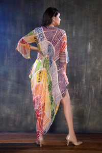 Multicolor Asymmetrical Bohemian Dress  With A Cowl Neckline, Flounce Sleeve And Gathers On The Upper Waist