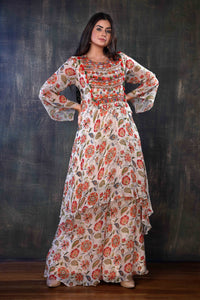 Floral Printed Co-ord Set With Thread Work On The Neckline