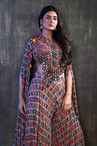 Crop Top With  Heavy Cutwork Neckline And Cape  Complimented With Sharara