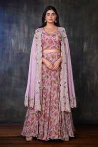 Floral Printed Lehenga With A  Zardosi Work Cape